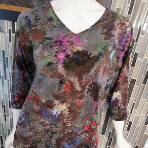Parsley & Sage Top Women L Multicolored Gray Printed Art to Wear 3/4 Sleeve 0082